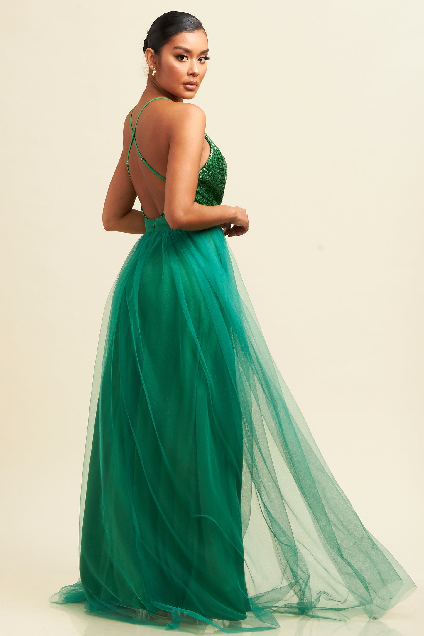 Elegant Green Sequence Strap Deep V-Neck Maxi Gown