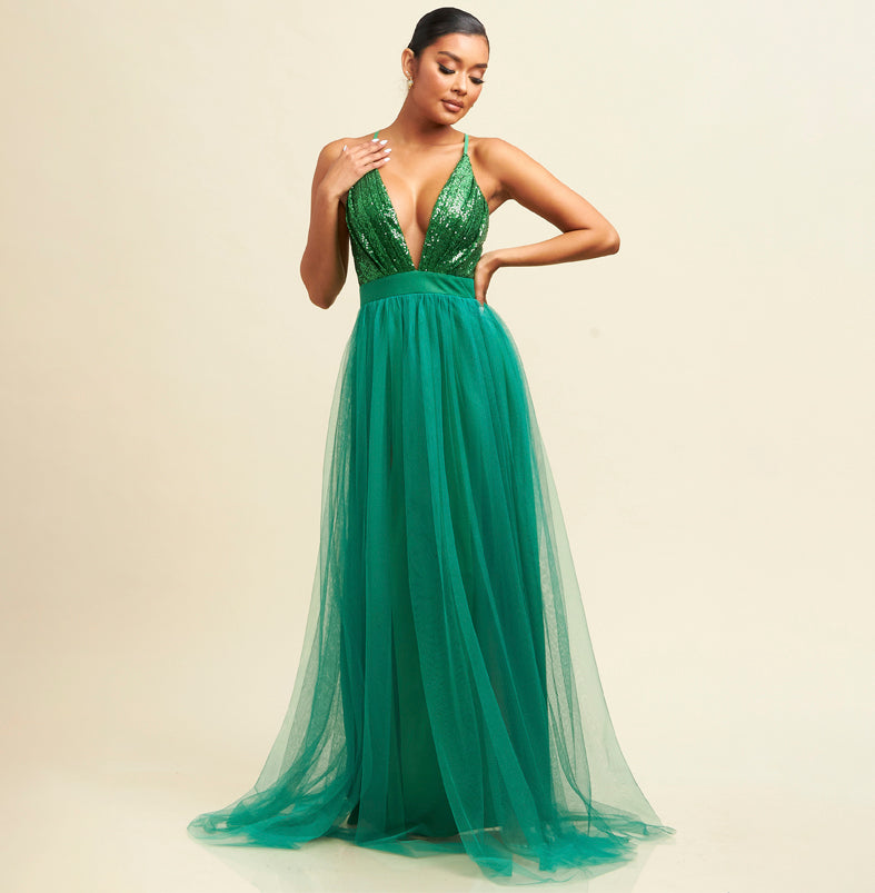 Elegant Green Sequence Strap Deep V-Neck Maxi Gown