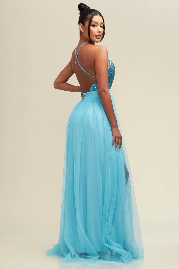 Elegant Light Blue Sequence Strap Deep V-Neck Maxi Gown