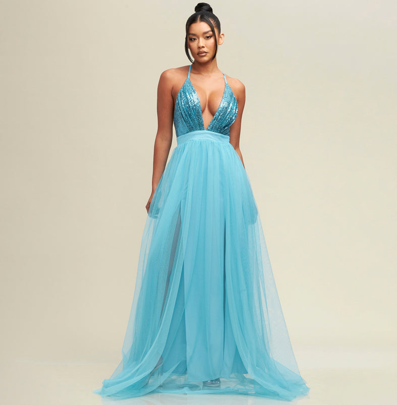 Elegant Light Blue Sequence Strap Deep V-Neck Maxi Gown