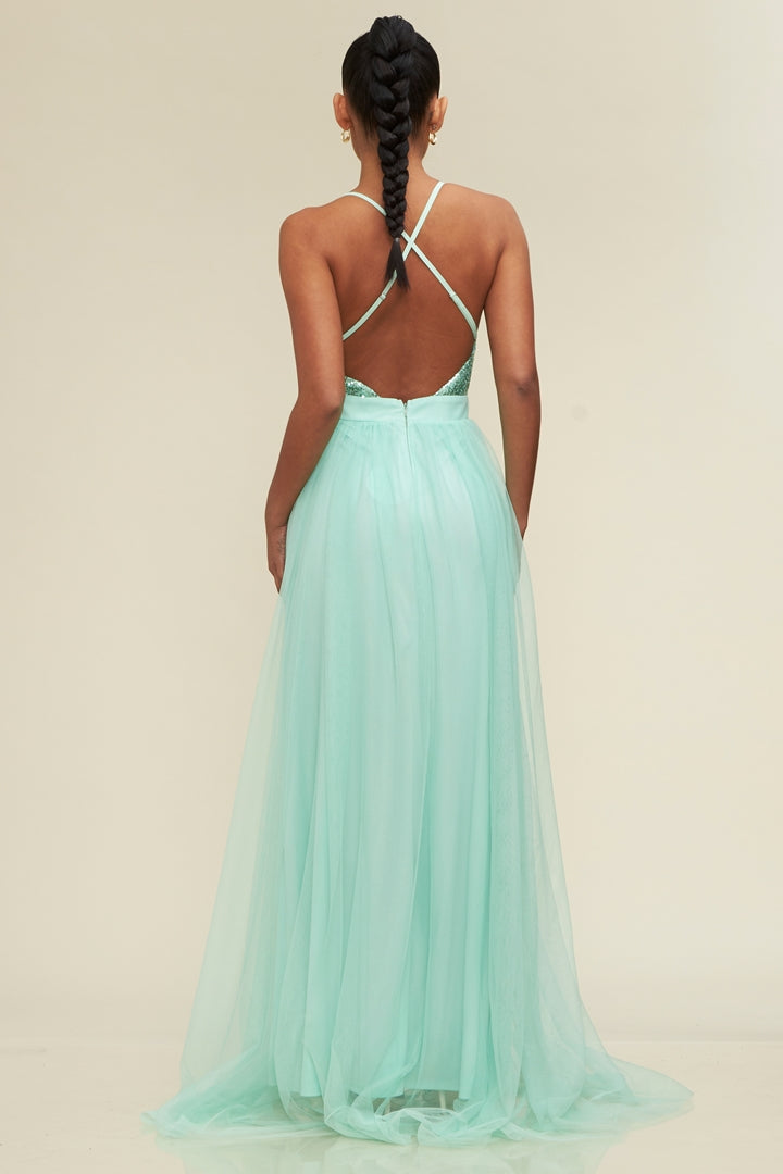 Elegant Mint Sequence Strap Deep V-Neck Maxi Gown