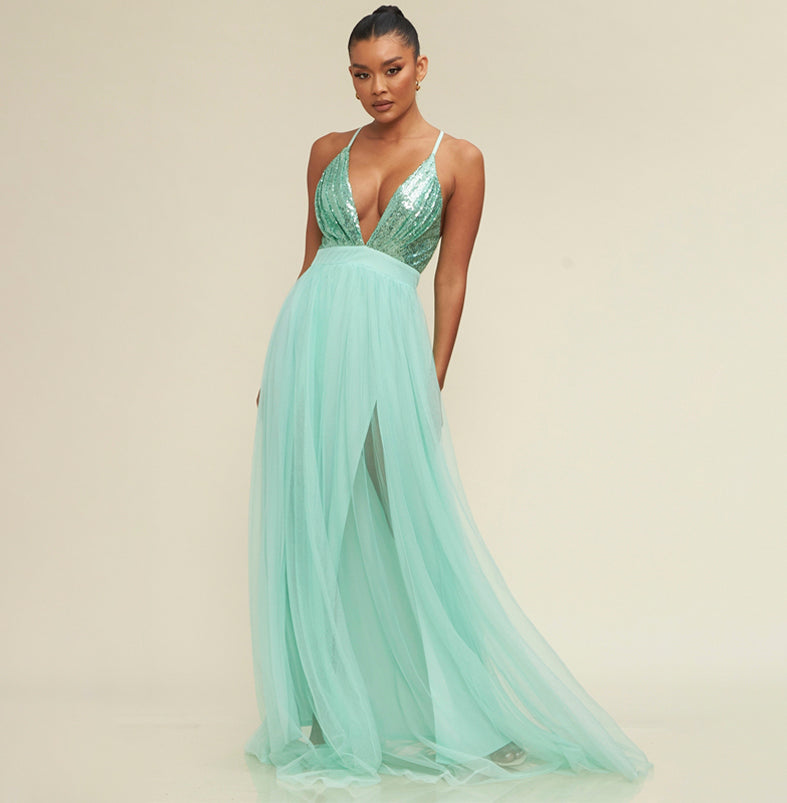 Elegant Mint Sequence Strap Deep V-Neck Maxi Gown