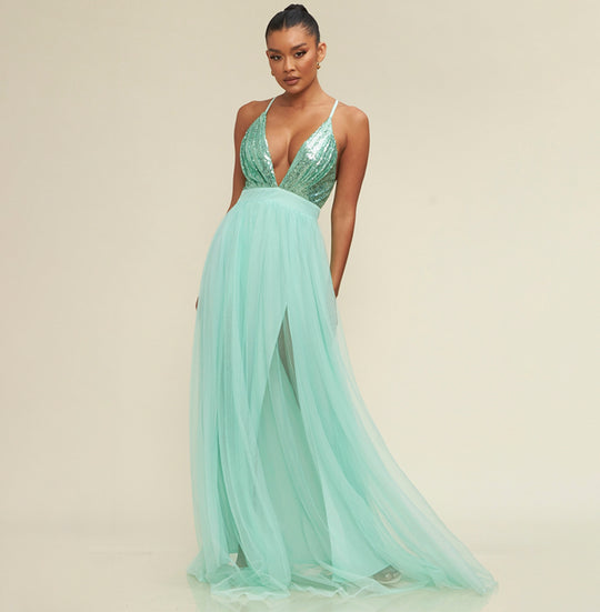 Elegant Mint Sequence Strap Deep V-Neck Maxi Gown