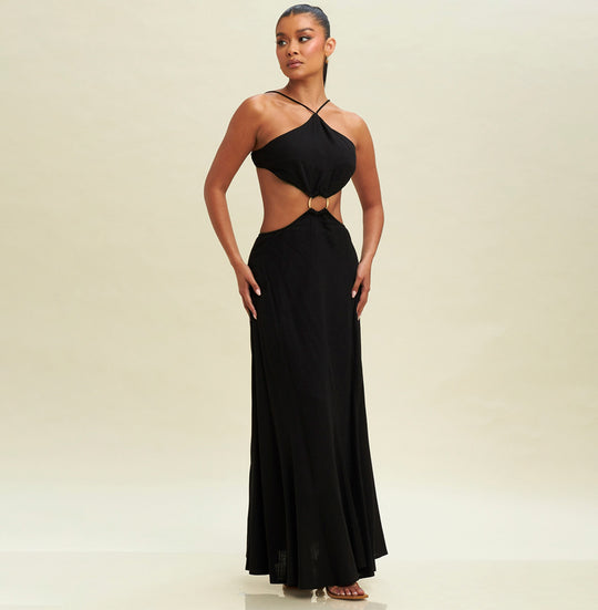 Fashion Summer Black Sleeveless Cut Out Open Back Tie-Up Maxi Dress