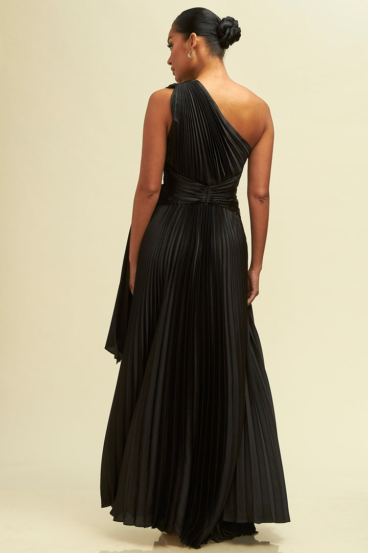 Elegant One Shoulder Black Pleated Satin Maxi Dress