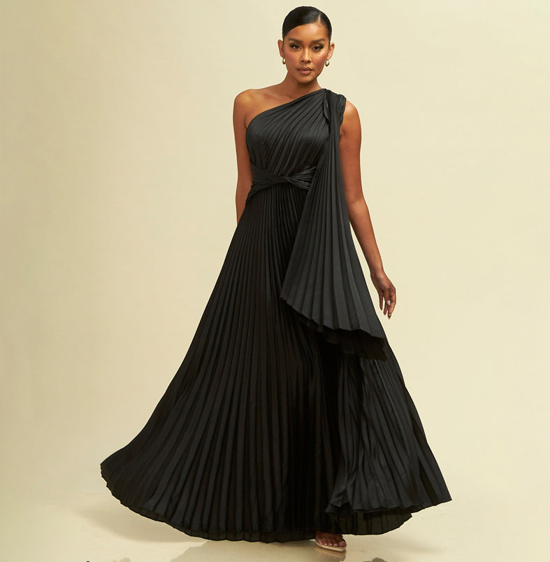 Elegant One Shoulder Black Pleated Satin Maxi Dress