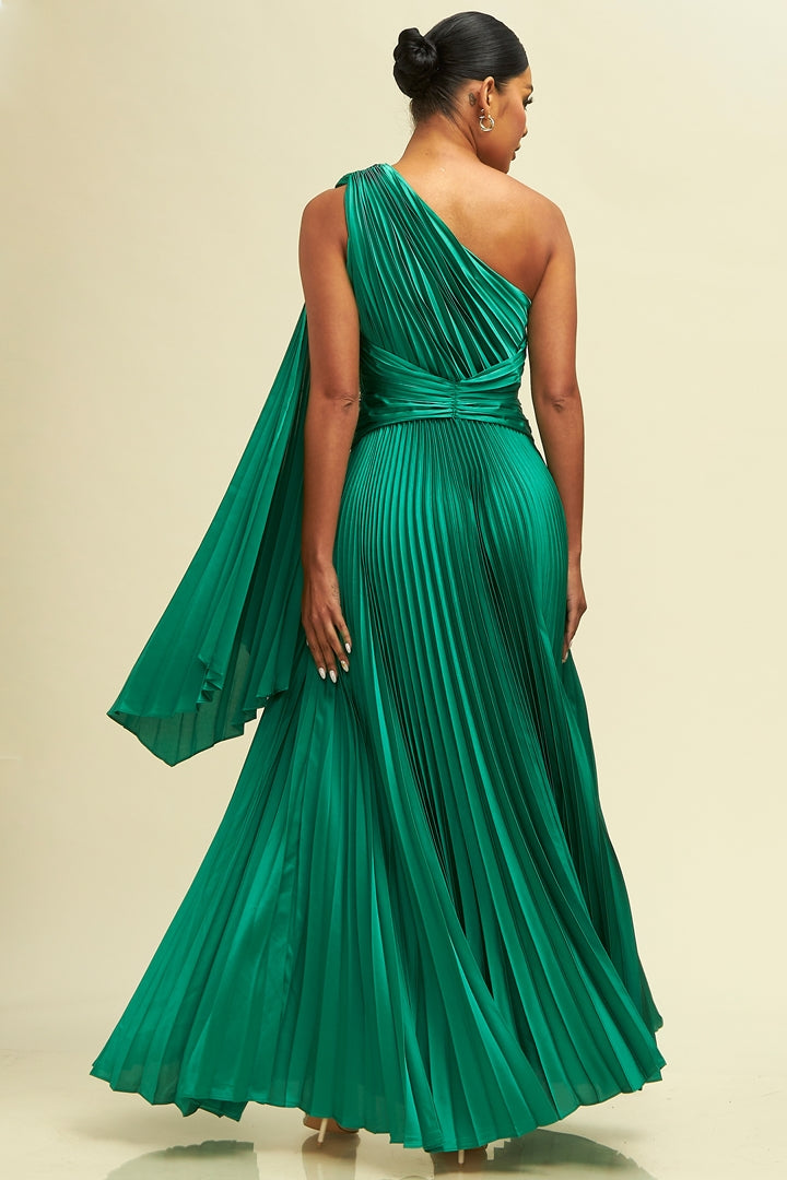 Elegant One Shoulder Kelly Green Pleated Satin Maxi Dress