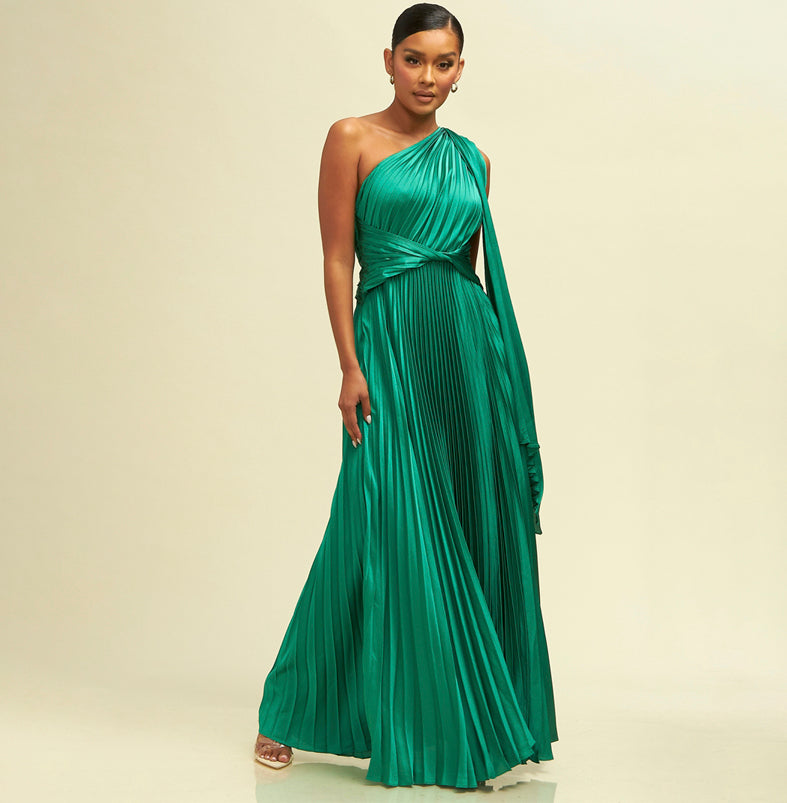 Elegant One Shoulder Kelly Green Pleated Satin Maxi Dress