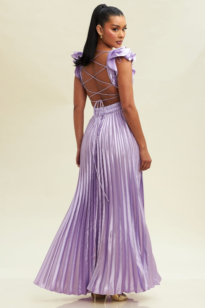 Elegant Lavender Pleated Band Detailed V-Neck Ruffle Back Tie-Up Satin Maxi Dress L / Lavender Elegant Lavender Pleated Band Detailed V-Neck Ruffle Back Tie-Up Satin Maxi Dress L / Lavender