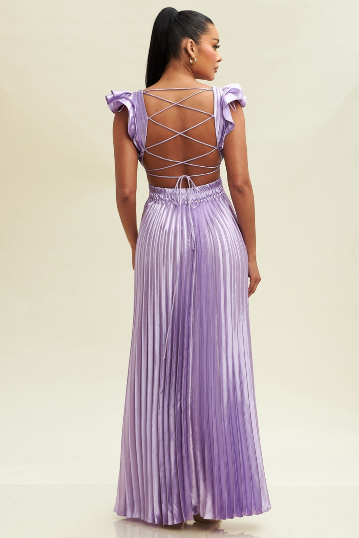 Elegant Lavender Pleated Band Detailed V-Neck Ruffle Back Tie-Up Satin Maxi Dress