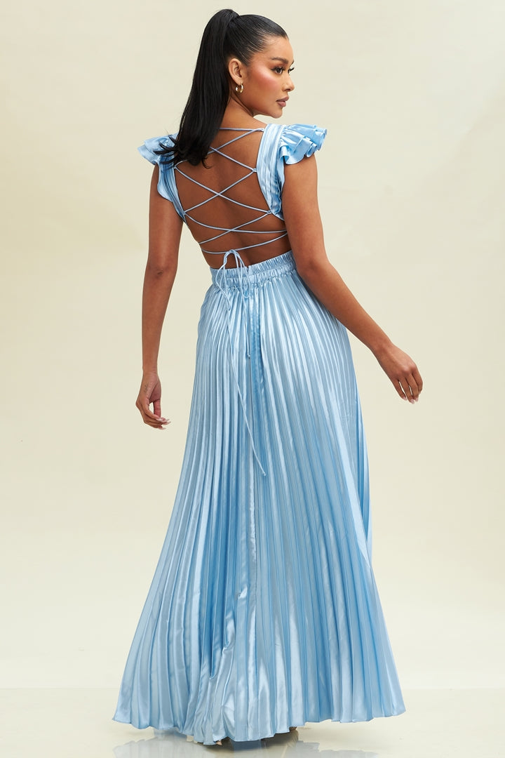 Elegant Light Blue Pleated Band Detailed V-Neck Ruffle Back Tie-Up Satin Maxi Dress