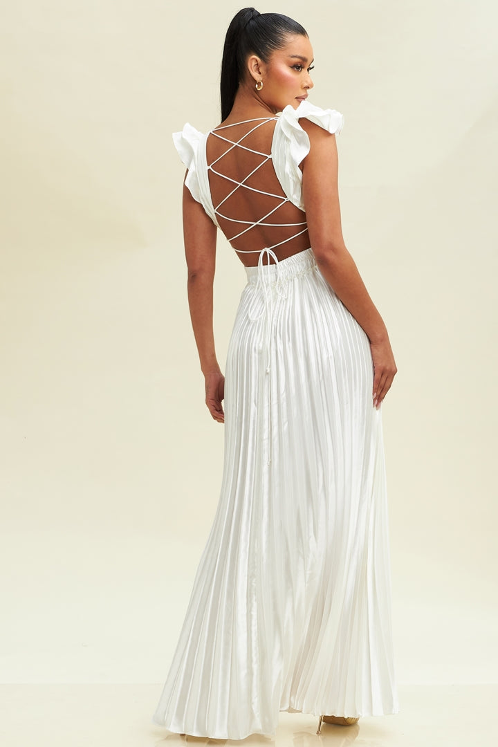 Elegant White Pleated Band Detailed V-Neck Ruffle Back Tie-Up Satin Maxi Dress