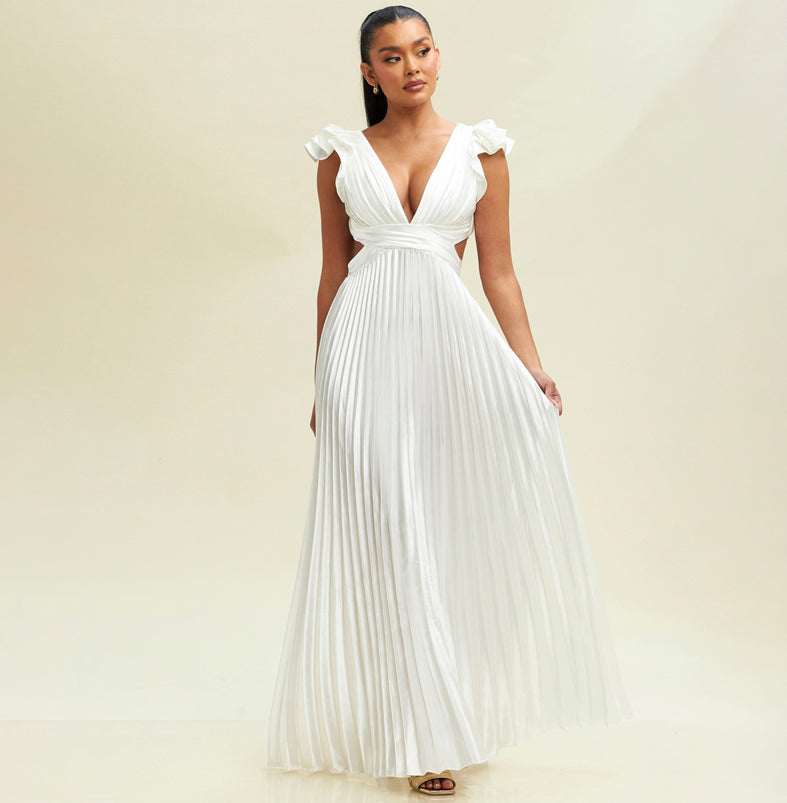 Elegant White Pleated Band Detailed V-Neck Ruffle Back Tie-Up Satin Maxi Dress