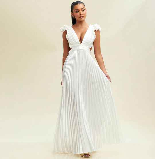 Elegant White Pleated Band Detailed V-Neck Ruffle Back Tie-Up Satin Maxi Dress