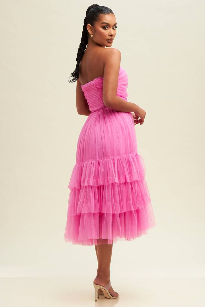 Elegant Strapless Pink Layered Ruffle Midi Dress