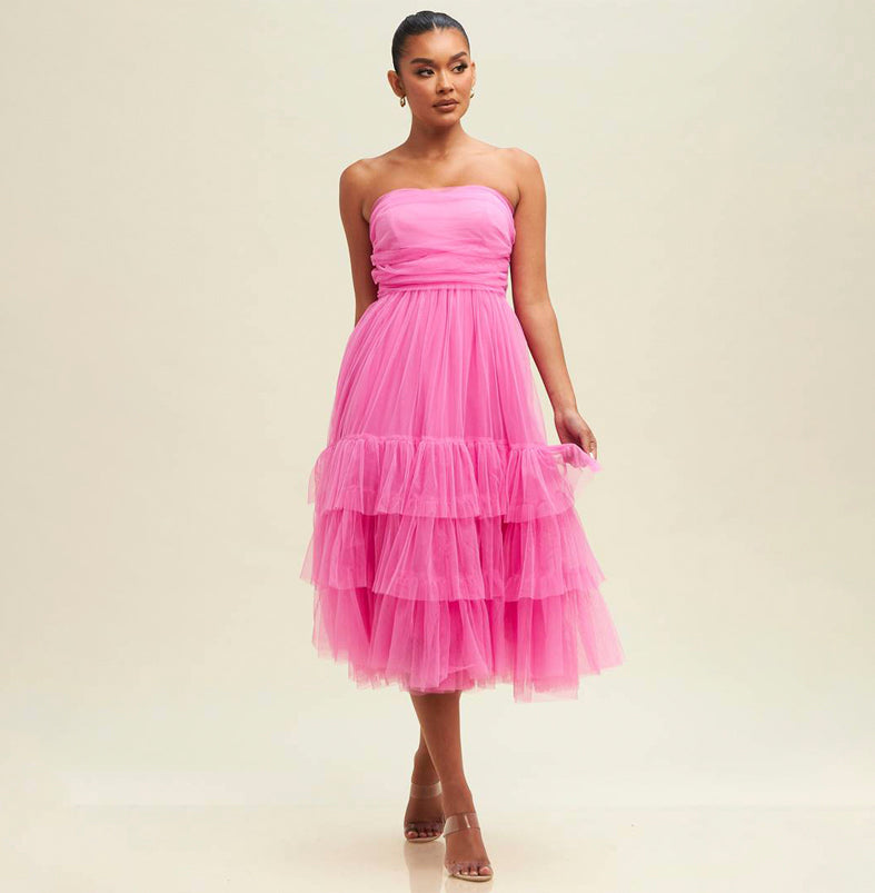 Elegant Strapless Pink Layered Ruffle Midi Dress