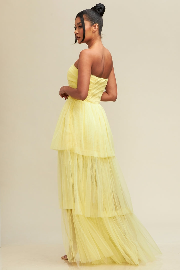 Elegant Strapless Lemon Layered Ruffle Maxi Dress with Middle Slit