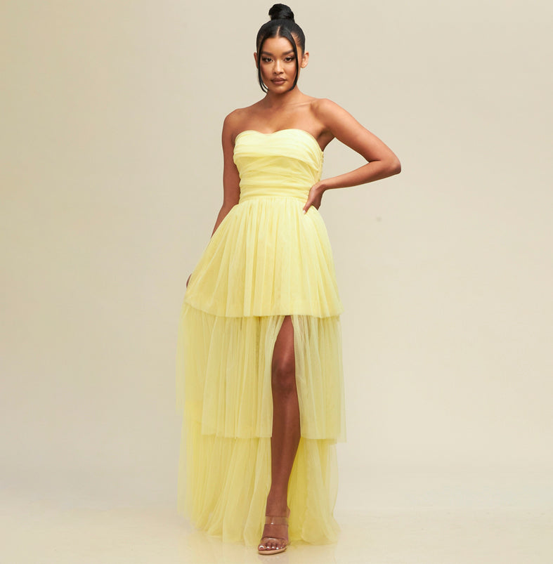 Elegant Strapless Lemon Layered Ruffle Maxi Dress with Middle Slit