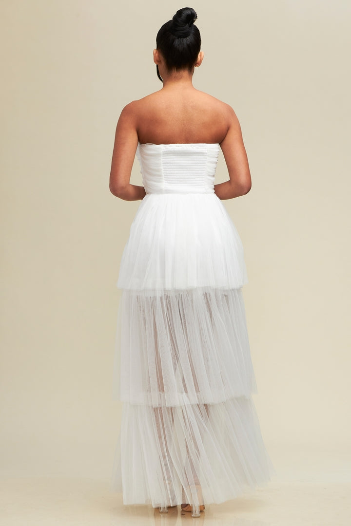 Elegant Strapless White Layered Ruffle Maxi Dress with Middle Slit