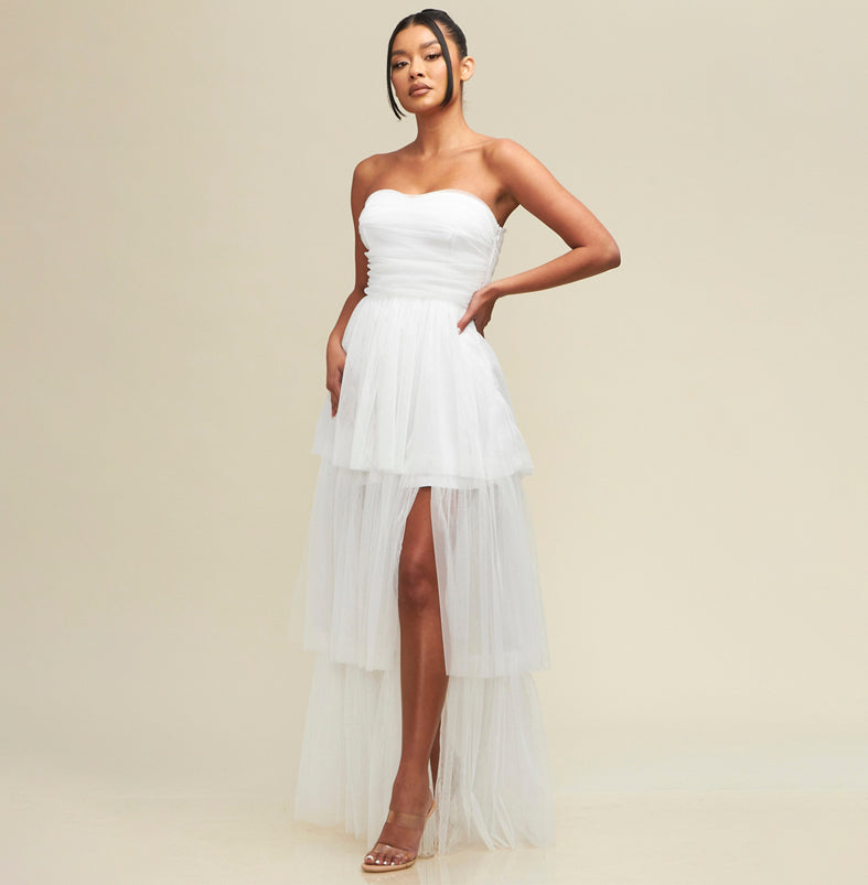 Elegant Strapless White Layered Ruffle Maxi Dress with Middle Slit