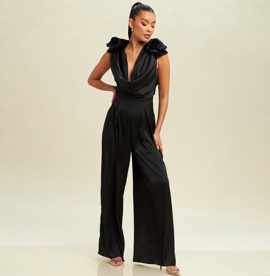 Elegant Black Satin Ruffle V-Neck Jumpsuit with Flowers Sleeve Detailed