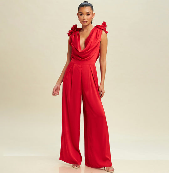Elegant Red Satin Ruffle V-Neck Jumpsuit with Flowers Sleeve Detailed