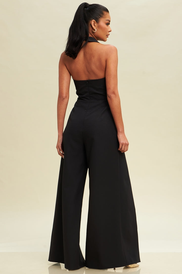 Elegant Halter Front Tie-Up Cut Out Black Jumpsuit