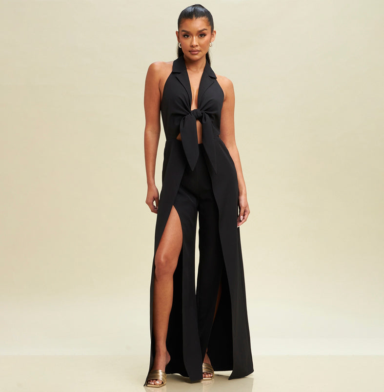 Elegant Halter Front Tie-Up Cut Out Black Jumpsuit