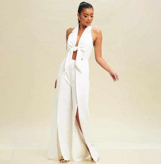 Elegant Halter Front Tie-Up Cut Out White Jumpsuit