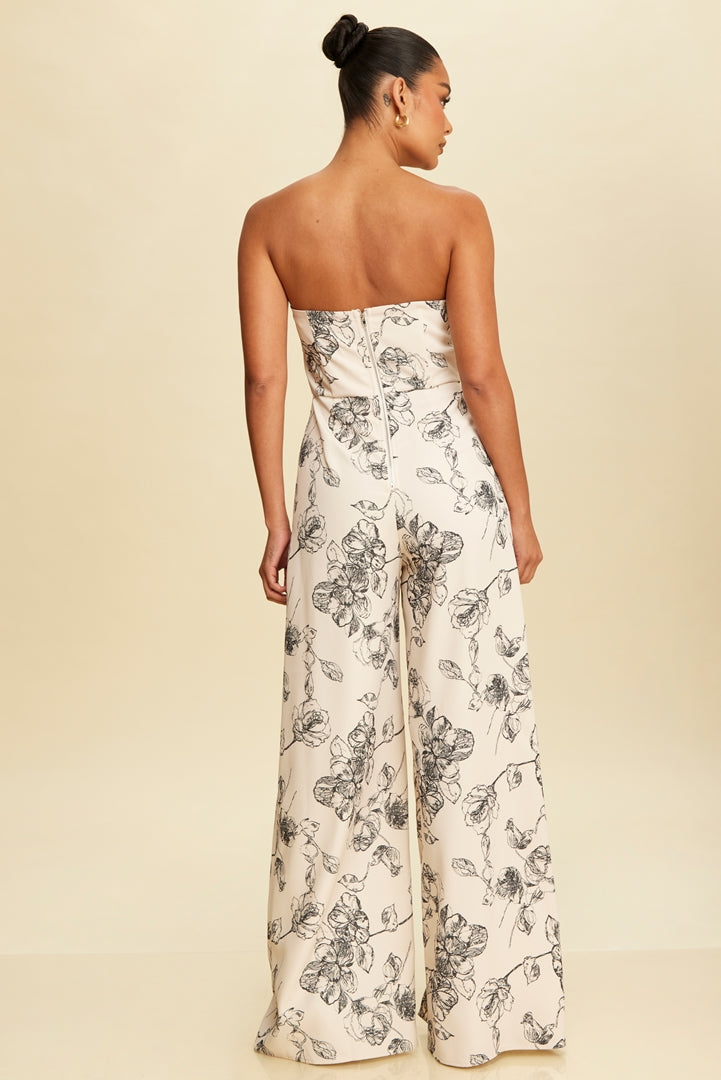 Elegant Strapless Ivory Black Floral Print Cut Out Jumpsuit