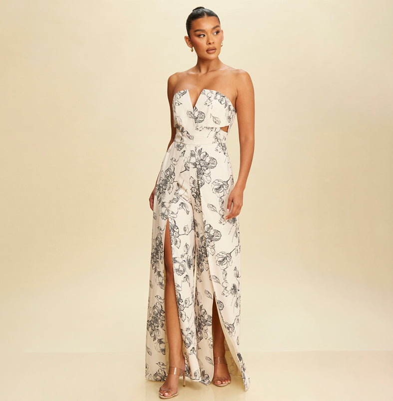 Elegant Strapless Ivory Black Floral Print Cut Out Jumpsuit