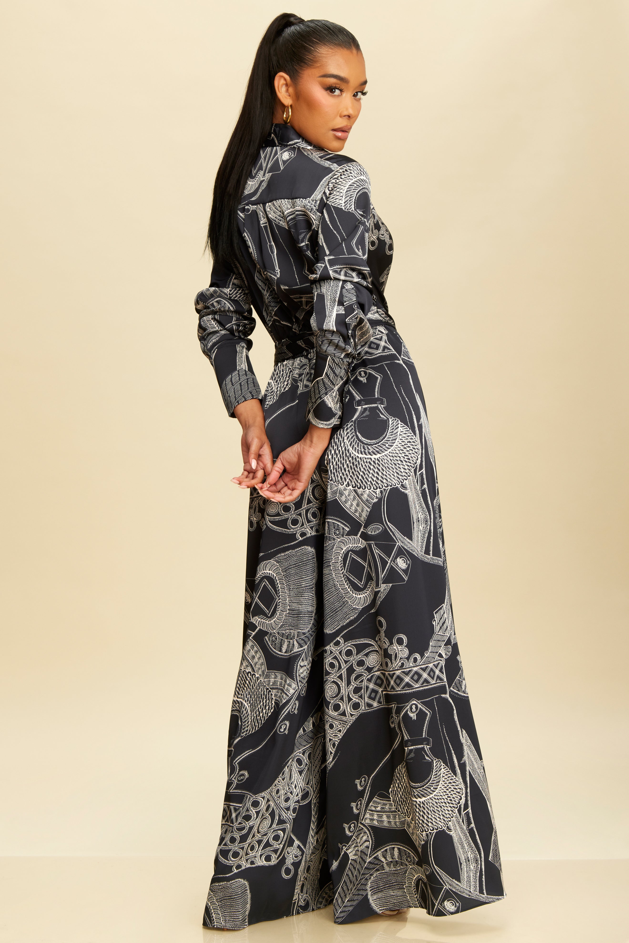 Elegant Dark Navy-White Print Satin V-Neck Tie-Up Wide Leg Jumpsuit with Long Sleeve