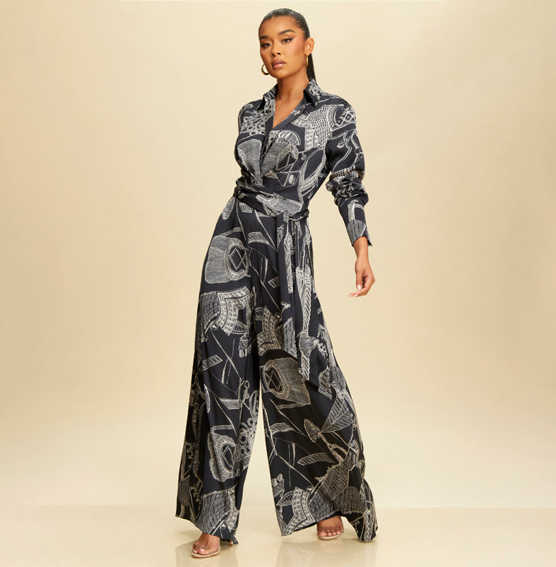 Elegant Dark Navy-White Print Satin V-Neck Tie-Up Wide Leg Jumpsuit with Long Sleeve