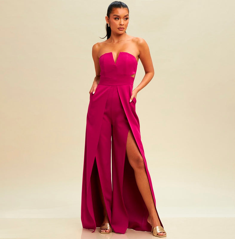 Elegant Strapless Cut Out Magenta Jumpsuit