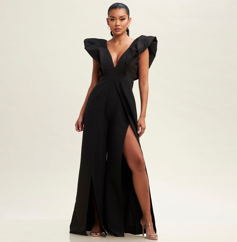 Elegant Black V-Neck High Low Puffy Cut Out Jumpsuit