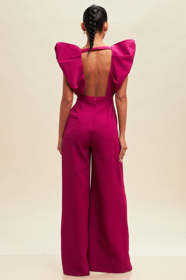 Elegant Magenta V-Neck High Low Puffy Cut Out Jumpsuit