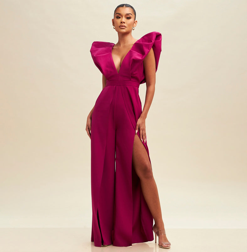 Elegant Magenta V-Neck High Low Puffy Cut Out Jumpsuit