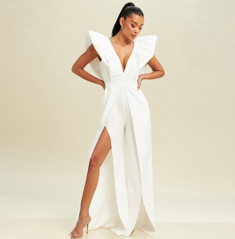 Elegant White V-Neck High Low Puffy Cut Out Jumpsuit