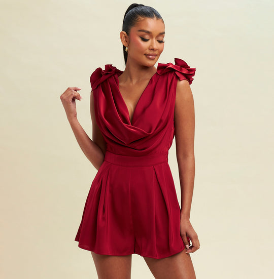 Elegant Wine Satin Ruffle V-Neck Romper with Flowers Sleeve Detailed