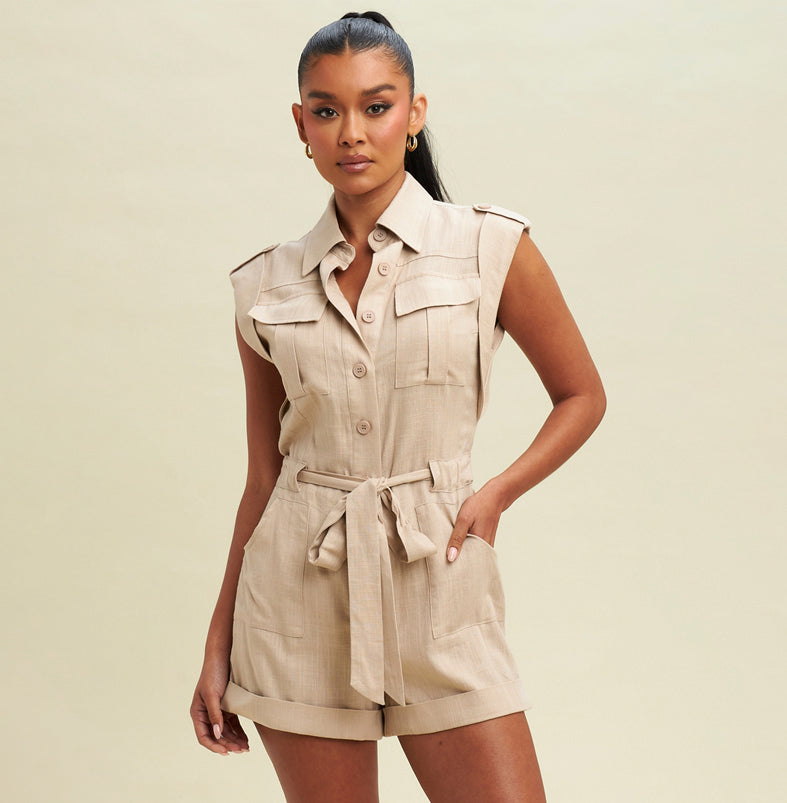 Fashion Summer Taupe Button Down Sleeveless Tie-Up Romper