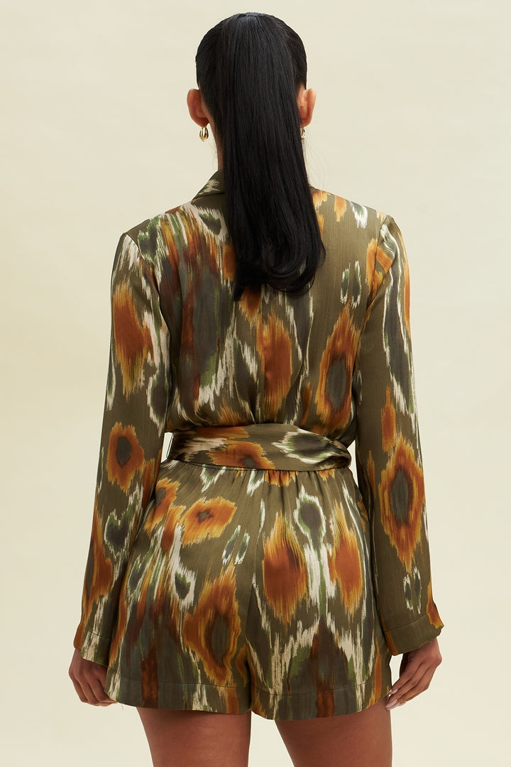 Elegant Olive Multi-Color Print Satin Deep V-Neck Tie-Up Romper with Long Sleeve