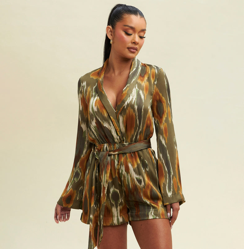 Elegant Olive Multi-Color Print Satin Deep V-Neck Tie-Up Romper with Long Sleeve