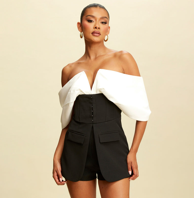 Elegant Off Shoulder White Black Corset Blazer Romper