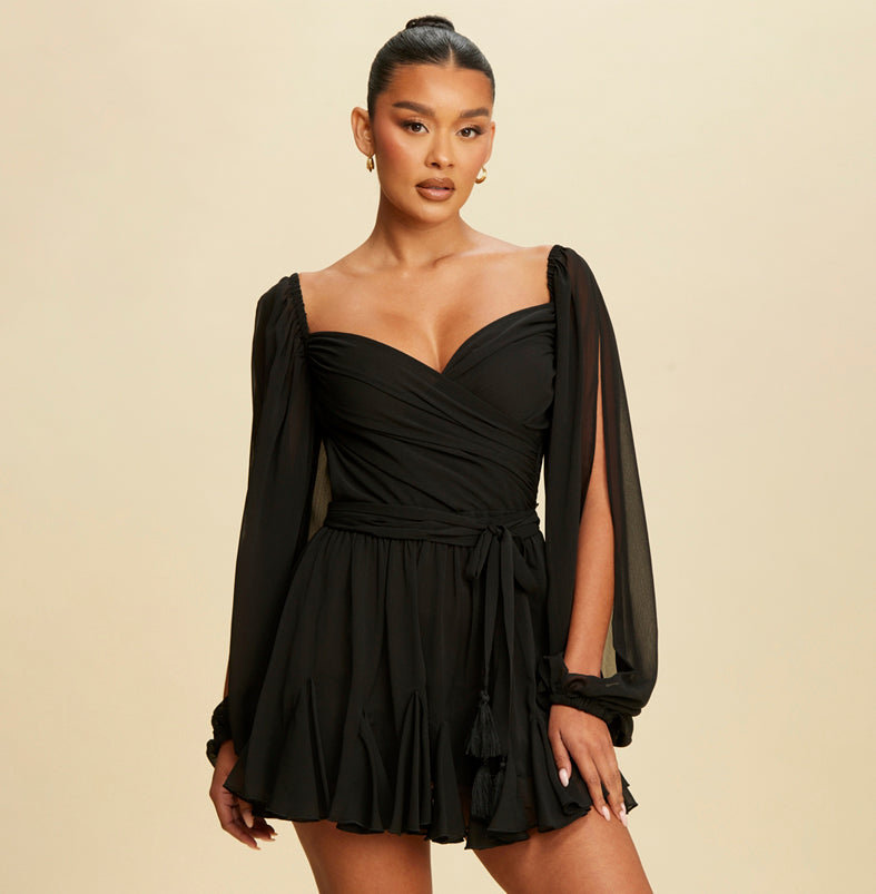 Fashion Black Off Shoulder V-Neck Tie-Up Ruffle Romper with Open Long Sleeve