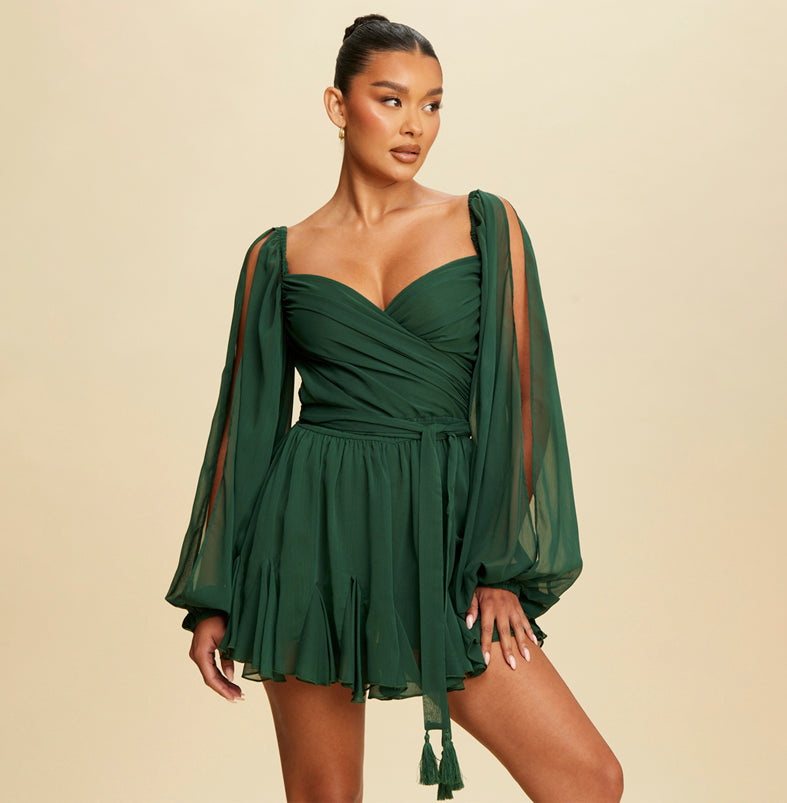 Fashion Hunter Green Off Shoulder V-Neck Tie-Up Ruffle Romper with Open Long Sleeve