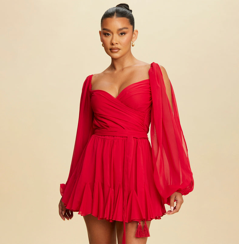 Fashion Red Off Shoulder V-Neck Tie-Up Ruffle Romper with Open Long Sleeve