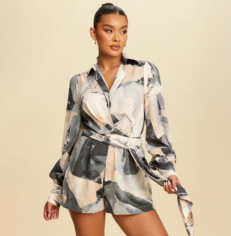 Elegant Gray Satin Multi-Color Print Deep V-Neck Tie-Up Romper with Long Sleeve