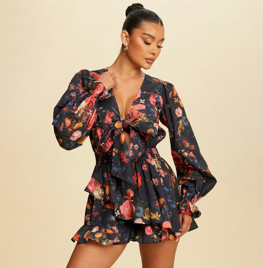 Fashion Black Multi-Color Floral Print Deep V-Neck Tie-Up Ruffle Romper with Long Sleeve