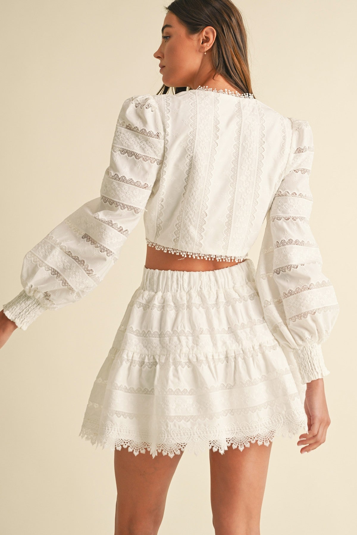 Elegant White Floral Lace Detailed Tie-Up Crop Top with Bell Sleeve