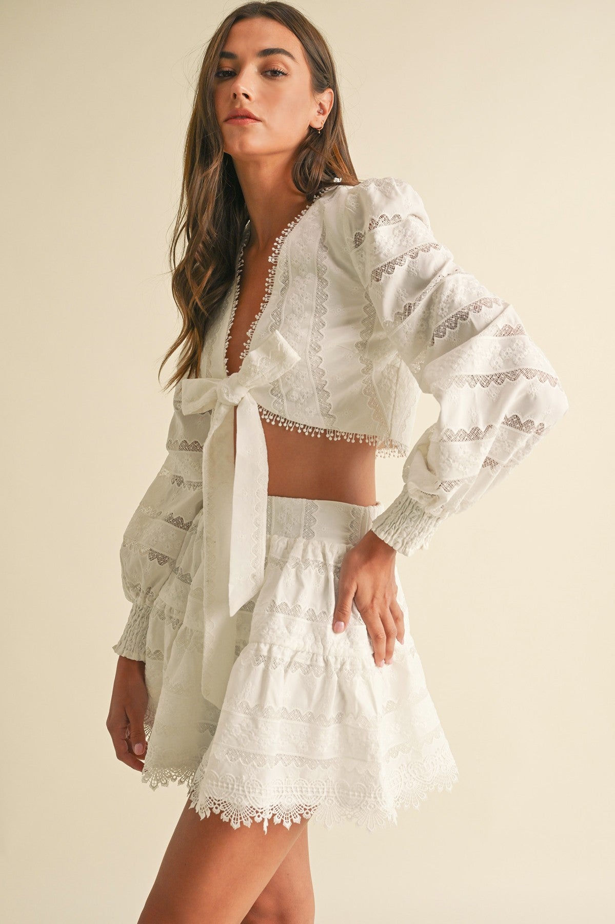 Elegant White Floral Lace Detailed Tie-Up Crop Top with Bell Sleeve